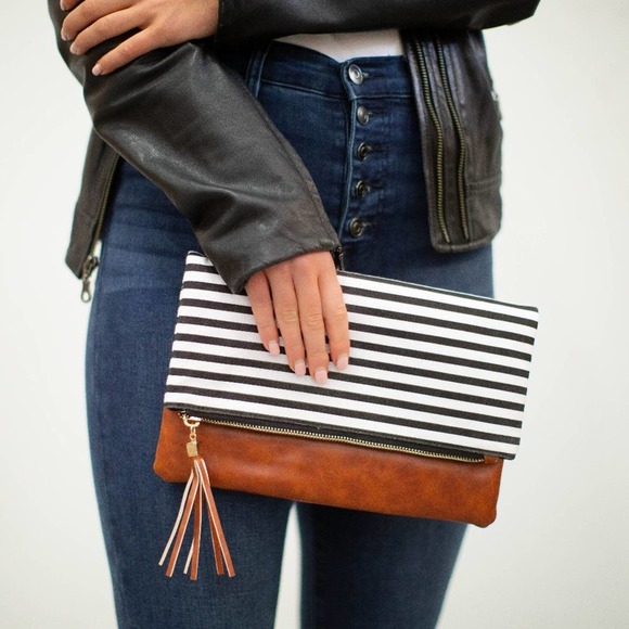Foldover Clutch - Classic Black & White Stripe - Picture 2 of 6